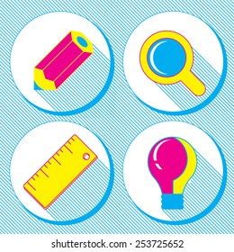 vector business concept, infographic design elements in flat retro style,set of business icons with a pencil, magnifying glass, ruler, lamp