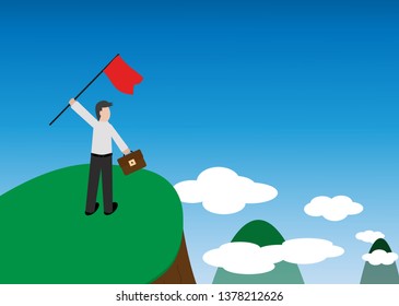 vector of business concept, the man standing on hill top, symbol of success and mission complete