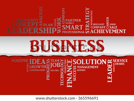 Vector business concept related words in tag cloud isolated with different association business terms. The effect of torn paper, silver letters on a red background