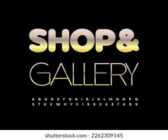 Concepto de negocio de vectores Tienda y Galería. Fuente de metal dorado. Conjunto de letras y números de alfabeto de élite