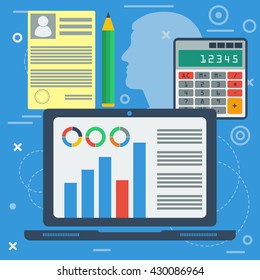 Vector business concept successful design. Concept improvement, statistic and analytic. Monitor with graph and information, calculator and sheet of agreement. Banner in flat style. Web infographic