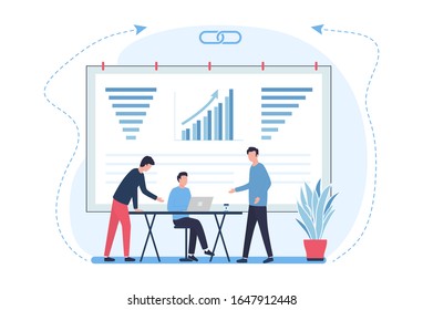 Vector business concept. A team of analysts works on strategic planning, market research, increasing profits, reducing costs, analyzing growth rates, and conducting training. Illustration for website.