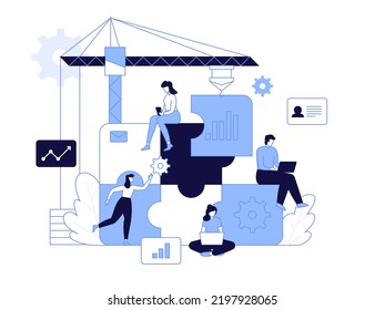 Vector Business Concept. Team Work, Team Building, Corporate Organization, Partnership, Problem Solving, Innovative Business Approach, Brainstorming, Unique Ideas And Skills, People With Puzzle Pieces