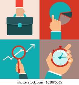 Vector business concepts in flat style - male hands and office objects