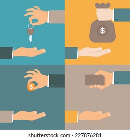 Vector business concepts in flat style - hands giving and receiving earnings, charity, keys and card - exchange and barter