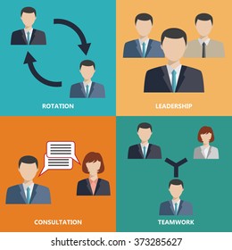 Vector business concepts in flat style - consultation and leadership, teamwork and rotation.