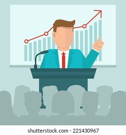 Vector business conference concept in flat style - man speaking in front of presentation screen with graph