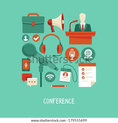 Vector business conference concept in flat style - webinar and online meeting icons and signs