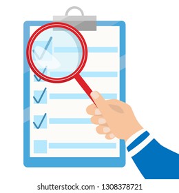 Vector business contract and magnifier. Checklist flat icon. Analyzing document. Flat vector illustration isolated on white background