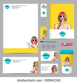 vector business corporate mock-up with woman wearing colorful wig. EPS