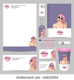 vector business corporate mock-up with woman wearing pink wig. EPS