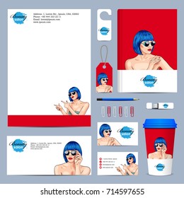 vector business corporate mock-up with woman wearing blue wig. EPS