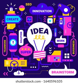 Vector business creative bright illustration of work mechanism of light bulb with tag word on dark color background. Flat line art hand draw idea design of brainstorm inspiration for web, site, banner