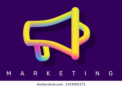 Vector business creative illustration of bright megaphone with shadow and marketing word typography on dark background. Design for web, site, horizontal banner, presentation, advertising