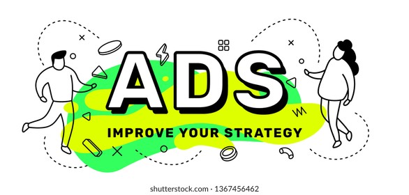Vector business creative illustration of letters ads with people on green background. Line art style concept design with abstract elements for web, site, banner, presentation