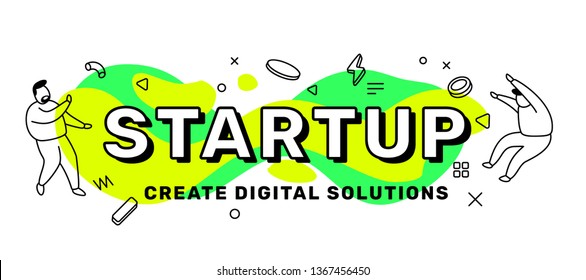 Vector business creative illustration of word startup with people and abstract elements on green background. Line art style concept design for web, site, banner, presentation