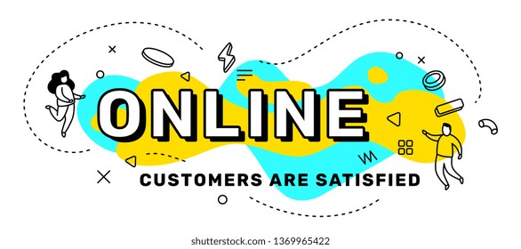 Vector business creative illustration of word online with people. Line art style concept design with abstract elements on yellow and blue background for web, site, banner, presentation