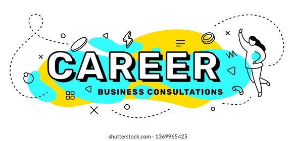 Vector business creative illustration of word career with woman on blue and yellow background. Line art style concept design with abstract elements for web, site, banner, presentation