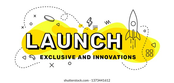 Vector business creative illustration of word launch with rocket icon on yellow background. Line art style concept design with abstract elements for web, site, banner, presentation