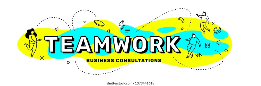Vector business creative illustration of word teamwork with people on bright color background. Line art style concept design with abstract elements for web, site, banner, presentation