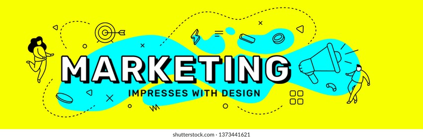 Vector business creative illustration of word marketing with people and megaphone icon on bright color background. Line art style concept design with abstract elements for web, site, banner