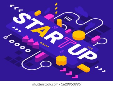 Vector business creative illustration with word startup and geometric elements on color background. Isometric style bright design for web, site, banner, poster, presentation