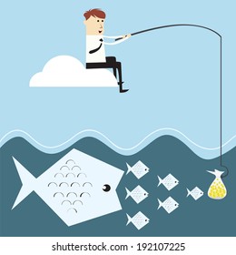 Vector business cycle investment,businessman fishing money on cloud