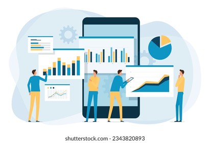 vector business data analytics research and Data Scientist team meeting concept. with business people working together on a report graph dashboard monitor. and finance investment planning concept
