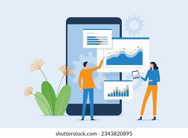 vector business data analytics research and Data Scientist team meeting concept. with business people working together on a report graph dashboard monitor. and finance investment planning concept
