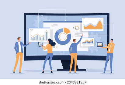 vector business data analytics research and Data Scientist team meeting concept. with business people working together on a report graph dashboard monitor. and finance investment planning concept
