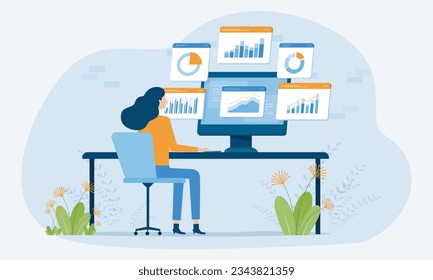 vector business data analytics research and Data Scientist team meeting concept. with business people working together on a report graph dashboard monitor. and finance investment planning concept
