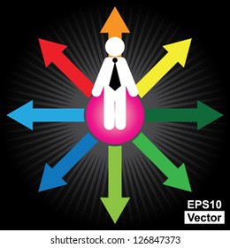Vector : Business Decision or Business Direction Concept Present By Businessman Standing on Colorful Arrow and Trying To Make A Choice in Black Shiny Background