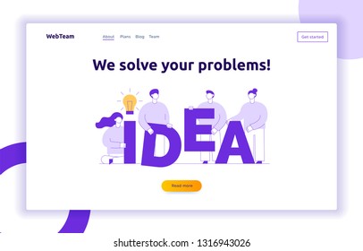 Vector business  design concept with big men and women holding idea word letters. Brainstorming web banner with light bulb. Financial analysis big data illustration.