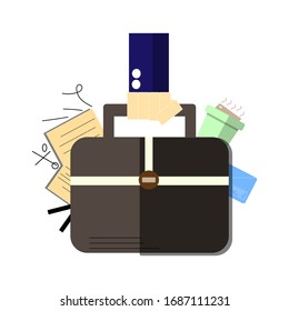 Vector business design, Document bag with note paper, take-home coffee and envelope on white background.