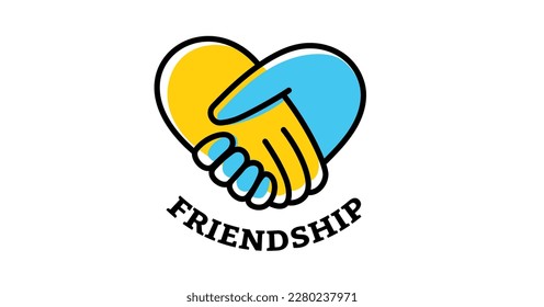 Vector business diversity illustration of friendly handshake on white color background with word friendship. Flat line art style design of yellow and blue handshake in heart shape for web, banner