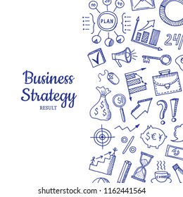 Vector business doodle icons background with place for text illustration. Sketch business drawing, hourglass and plan