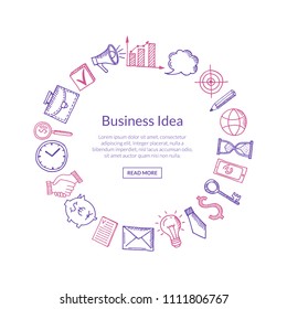 Vector business doodle icons in circle form with place for text in center illustration