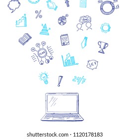 Vector business doodle icons flying out of laptop concept illustration. Drawing banner and poster