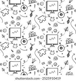 Vetor negócios doodles com diagramas, relógio, monitor, alvo e ideias lâmpada, ícones de negócios doodle esboço, Infográficos com doodles