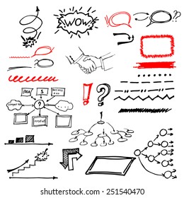 Vector business doodles  with Business handshake,  arrows and ideas bulbs. Vector illustration