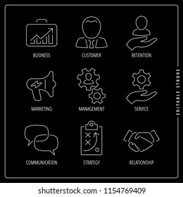 Vector business editable stroke thin line icon inversion set with outline pictogram customer, retention, marketing, management, service, communication, strategy, relationship.