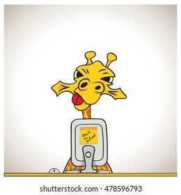 Vector business or education illustration of giraffe, who sits at a computer and shows tongue. Giraffe is late to send their work on first of September, and a little upset about it.