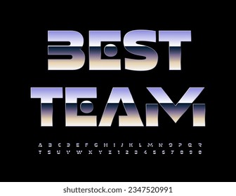 Vector business Emblem Best Team. Futuristic Silver Font. Modern Metallic Alphabet Letters and Numbers set