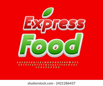 Vector business Emblem Express Food. Trendy Green Font. Creative Bright Alphabet Letters and Numbers set.