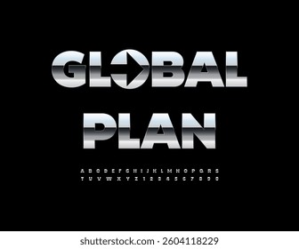 Vector Business emblem Global Plan with Metallic Arrow. Premium Steel Font. Modern Shiny Silver Alphabet Letters and Numbers.