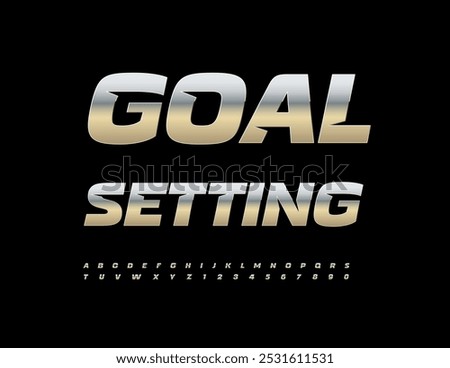 Vector business emblem Goal Setting. Trendy Silver Font. Unique Alphabet Letters and Numbers set.