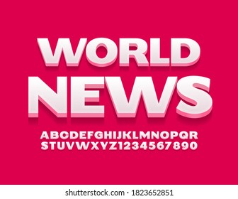 Vector business emblem World News. Modern 3D Font. White Alphabet Letters and Numbers set