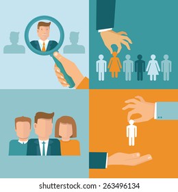 Vector business and employment concepts in flat style - illustrations and icons related to human resources theme 