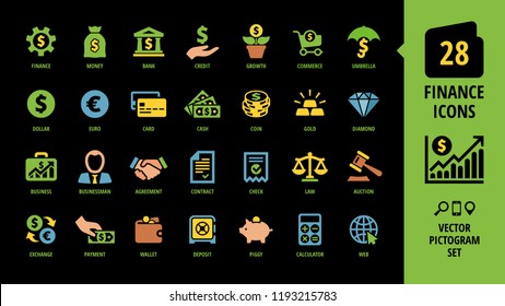 Vector business and finance color icon set on a black background with money, bank, piggy, credit, exchange, graph, deposit, calculator, web, law, dollar, coin and more isolated silhouette sign.