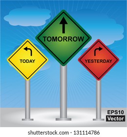 Vector : Business and Finance Concept Present By Rhombus Yellow, Green and Red Street Sign Pointing to Today, Tomorrow and Yesterday  in Blue Sky Background